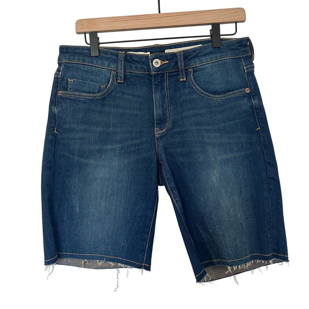 Anthropologie (28) Pilcro Mid Rise Slim Bermuda Jean Shorts Raw Hem Medium Dark